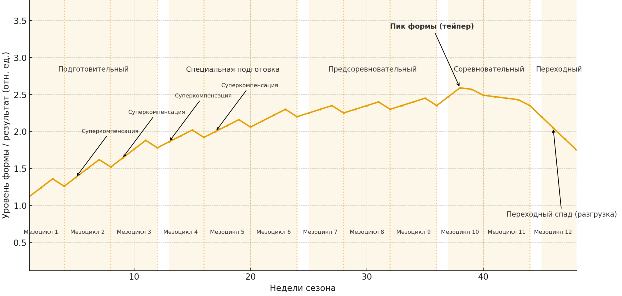 Динамика формы за год: фазы макроцикла, мезоциклы (4-нед), микроциклы (3:1)